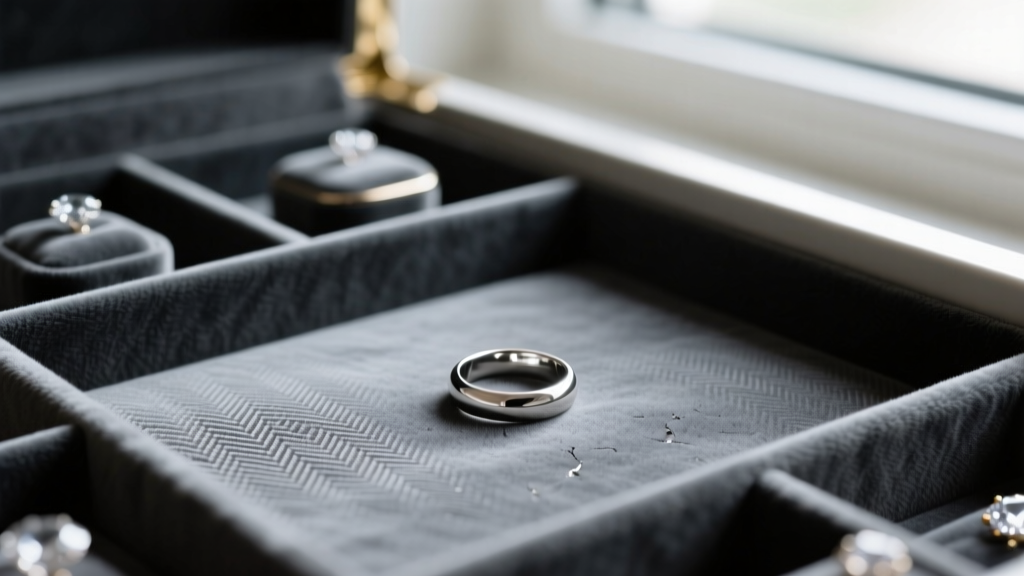 Macro shot of anti-tarnish microfiber suede inside a jewelry drawer, showing a silver ring resting on the dark grey fabric lining.