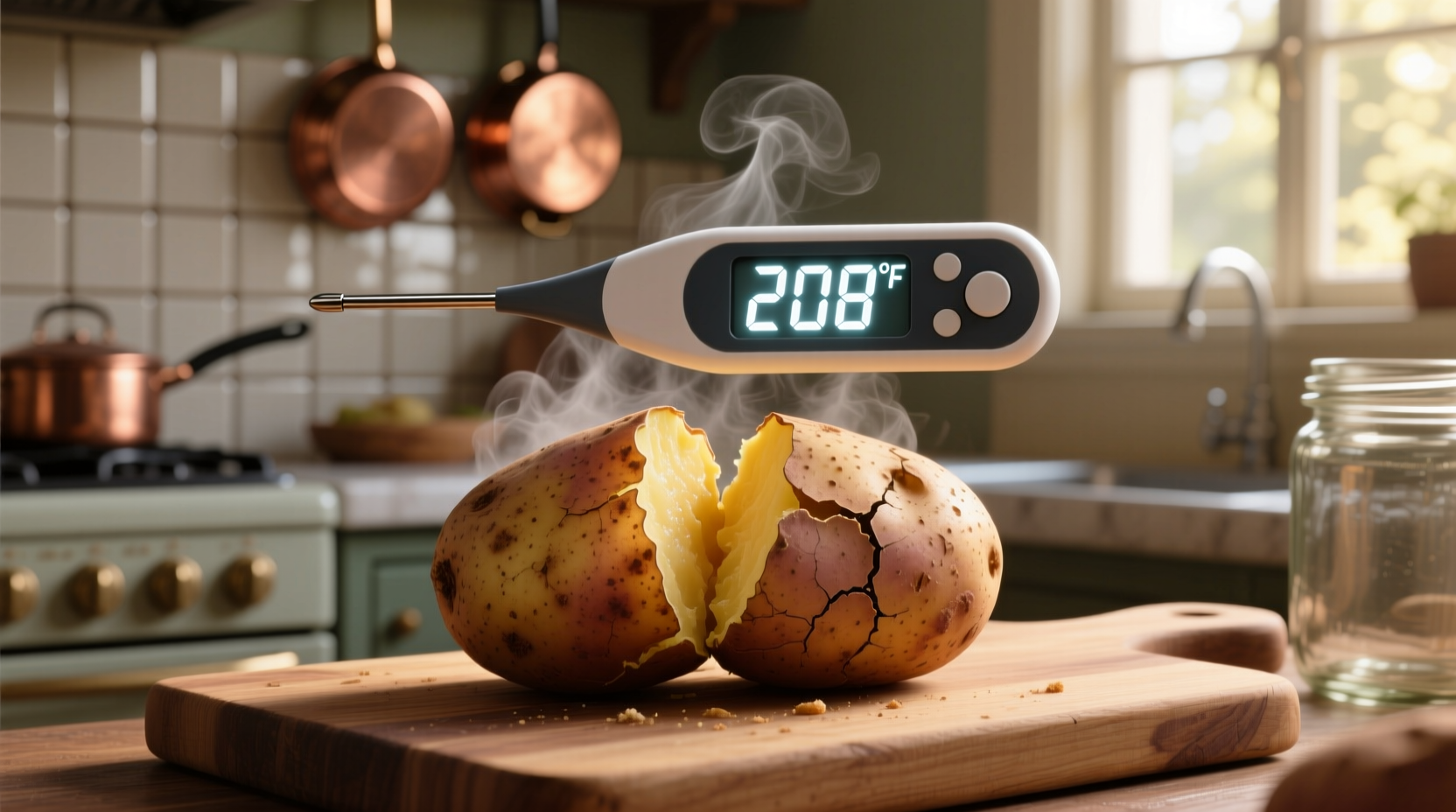 Digital thermometer showing 208 degrees in baked potato