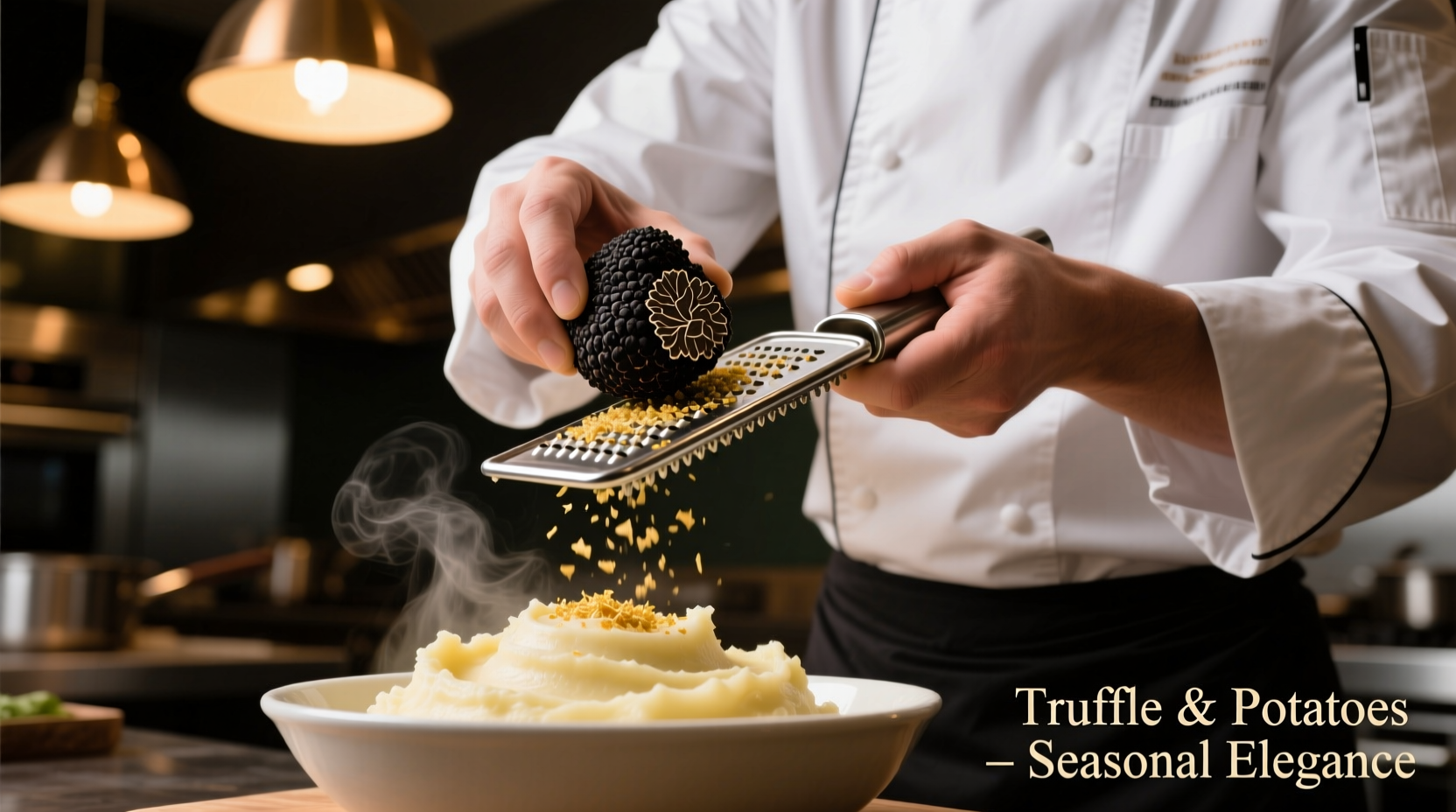Chef grating fresh black truffle over creamy potato mash
