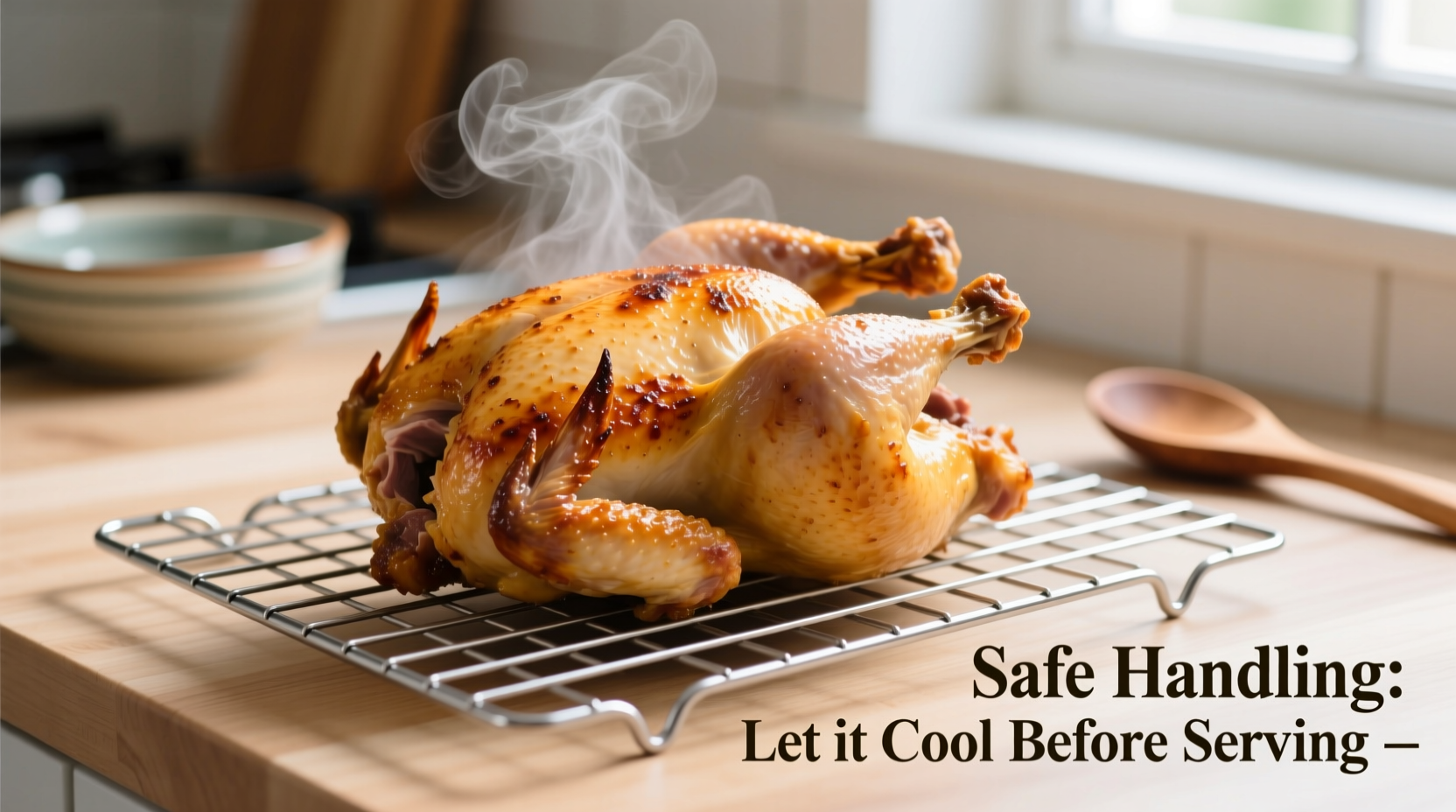 Fresh cooked chicken cooling on wire rack for safe food handling