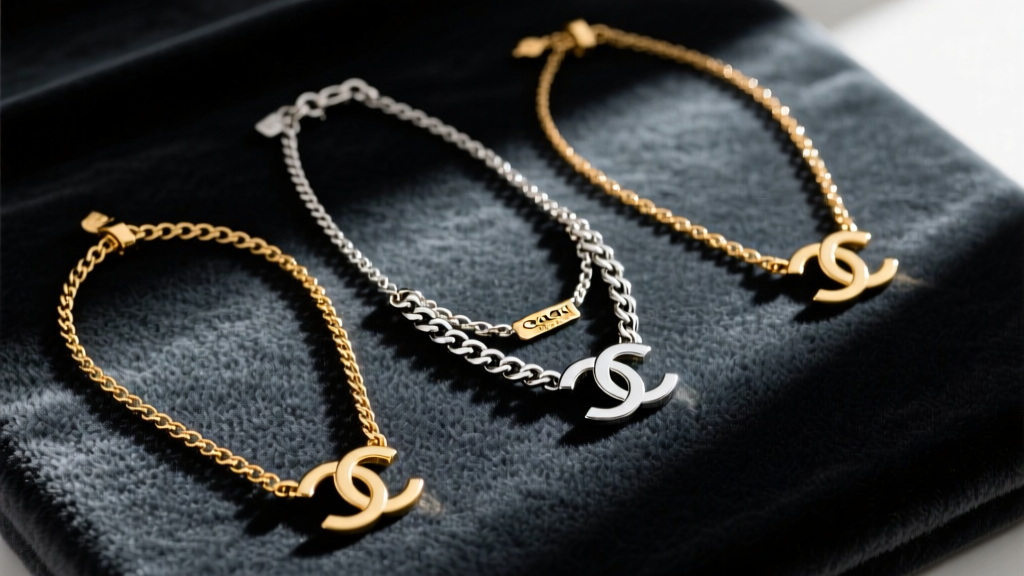 Flat lay of three layered Coach necklaces on dark velvet, showcasing mixed gold and silver tones and interlocking C pendants.