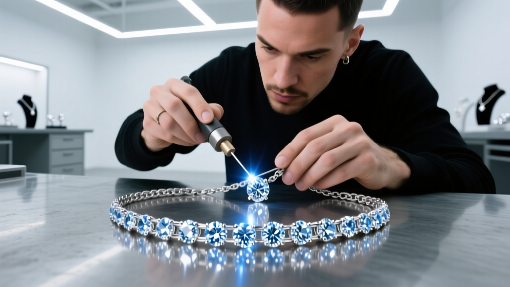 Jeweler laser-welding VVS1 diamonds into a platinum hip-hop chain pendant under bright studio lighting in a specialized workshop.