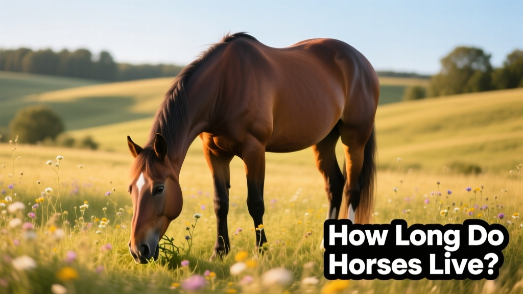 A healthy, well-groomed adult horse grazing peacefully in a sunlit pasture