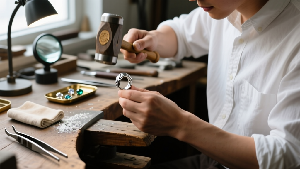 Jeweler using a steel ring mandrel and rawhide mallet to reshape a warped 925 silver ring on a cluttered, authentic workbench.