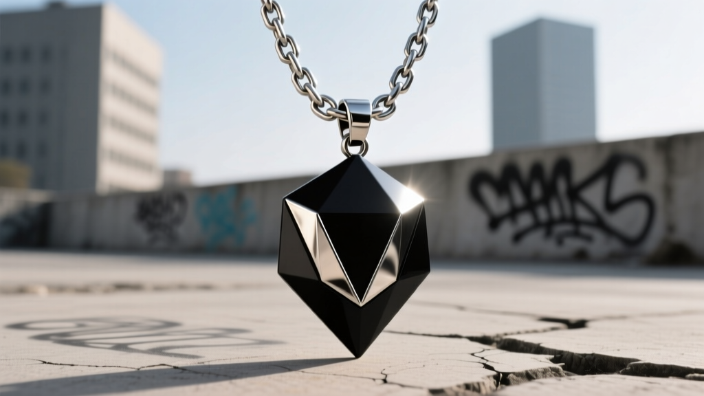 A close-up of a 5mm stainless steel Franco chain threading through a reinforced bail on a dystopian geometric streetwear pendant.