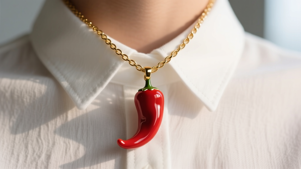Red vitreous enamel chili pepper pendant on an 18-inch gold box chain resting against a crisp white linen shirt collar.