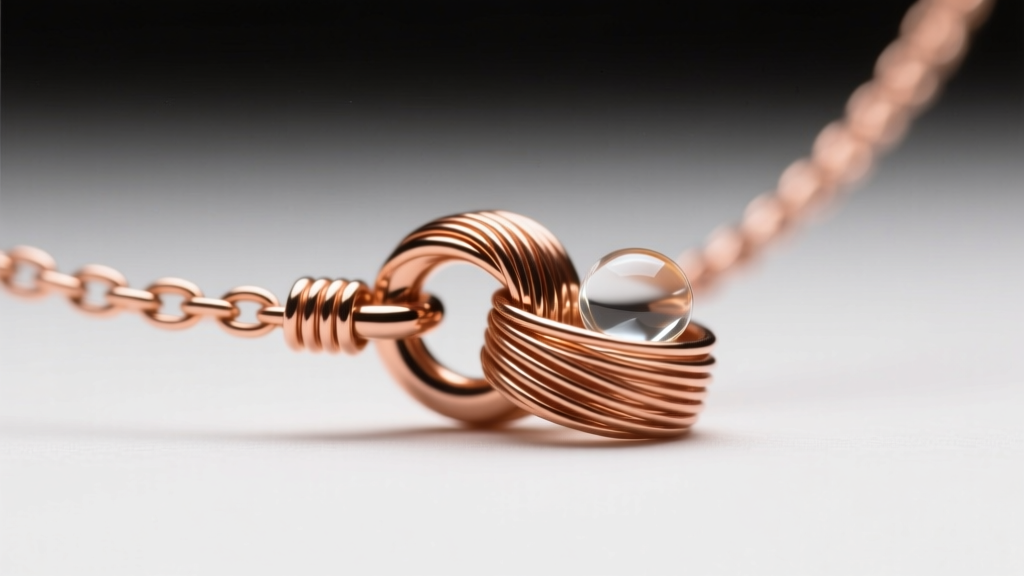 Detail of a finished adjustable necklace tail secured with a tiny copper wire wrap and a drop of clear jeweler's epoxy adhesive.