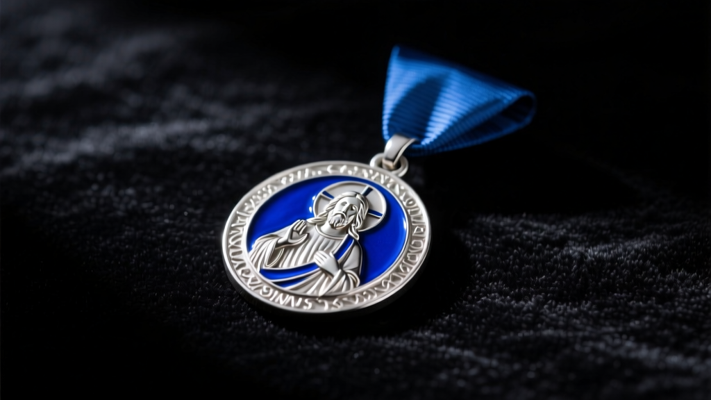 Sterling silver saint jude medal with vivid blue enamel detailing, resting on dark velvet under dramatic, moody side lighting.