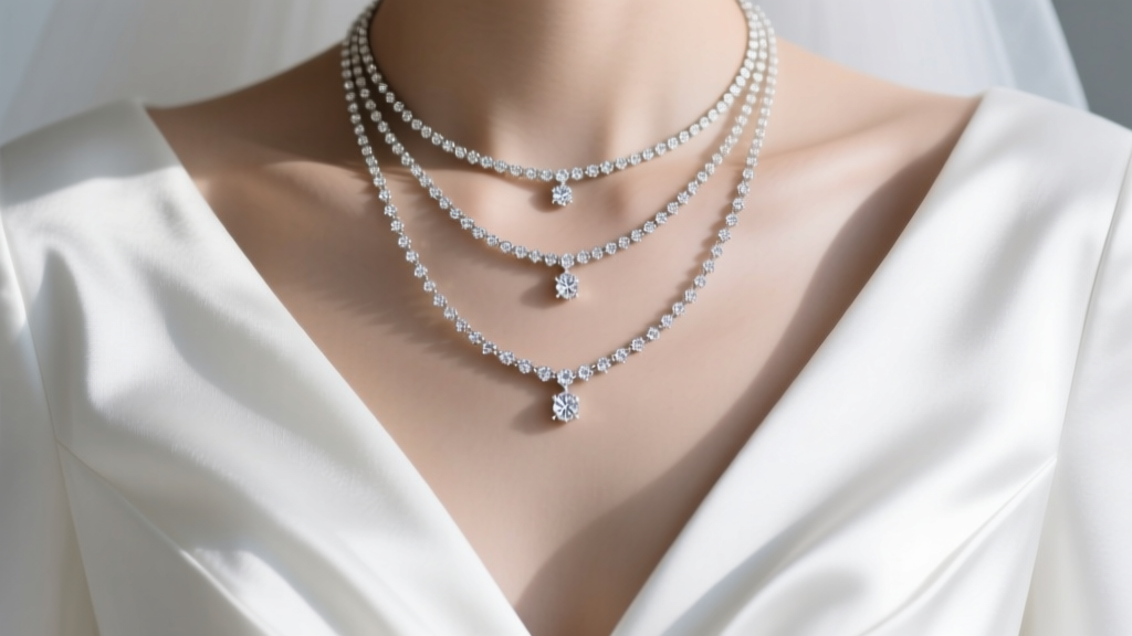 Close-up of a V-neck bridal gown featuring layered 16-inch and 18-inch white gold chain necklaces with small pavé diamond charms.