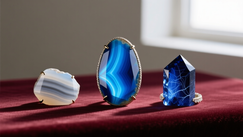 Three necklaces on velvet: dyed bright blue agate, natural pale banded chalcedony, and deep blue dumortierite quartz cabochons