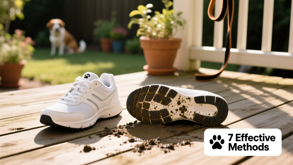 Two sneakers placed side-by-side on a sunny patio, one upright and one flipped to expose the sole