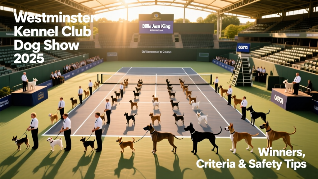 Aerial view of the USTA Billie Jean King National Tennis Center during the Westminster Dog Show, with dogs and handlers on the main arena floor