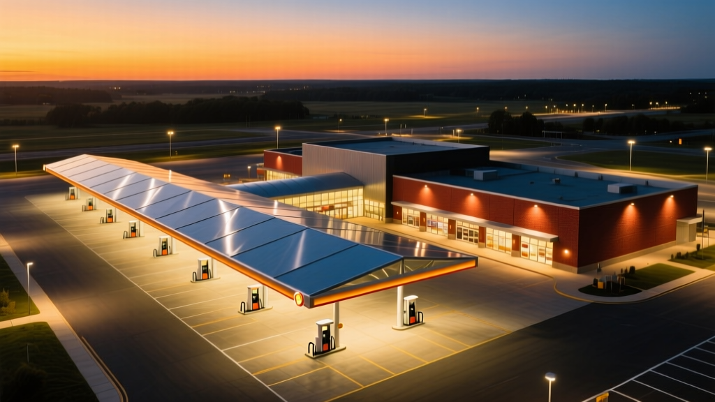 Aerial view of a massive illuminated travel center at dusk, featuring a sprawling steel fuel canopy and a large brick retail building.