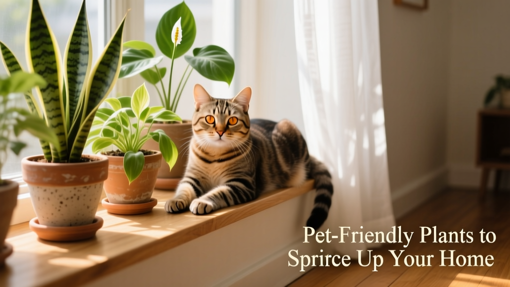 A relaxed cat lounging near a cluster of healthy, leafy houseplants on a sunny windowsill