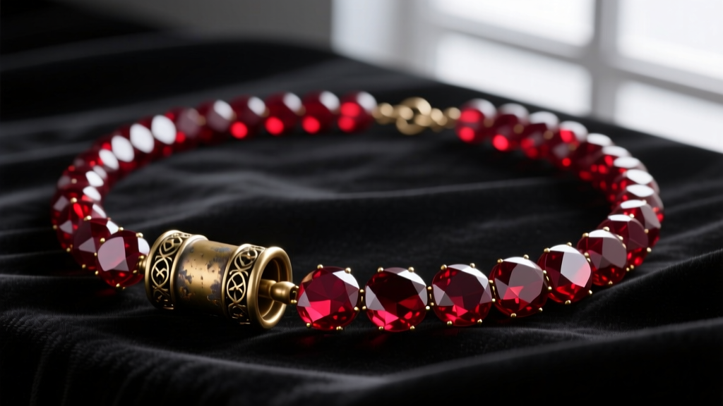 Antique garnet bead necklace draped on dark velvet, highlighting deep red faceted rondelle beads and a vintage brass barrel clasp.