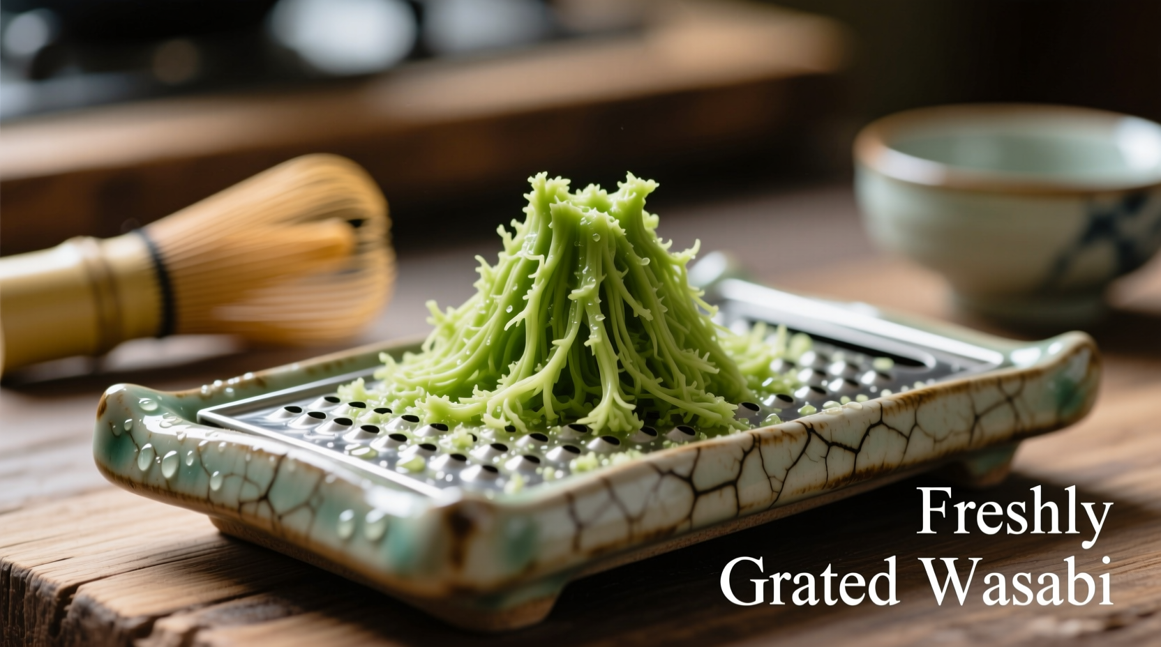 Freshly grated authentic wasabi on traditional ceramic grater
