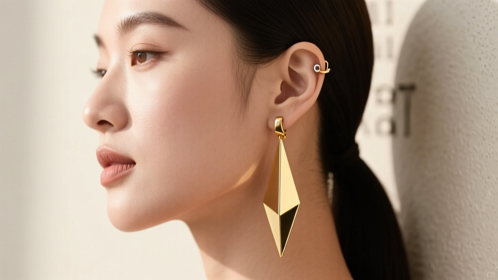 Side profile of a woman with a round face shape wearing elongated geometric gold drop earrings and a small cartilage hoop.