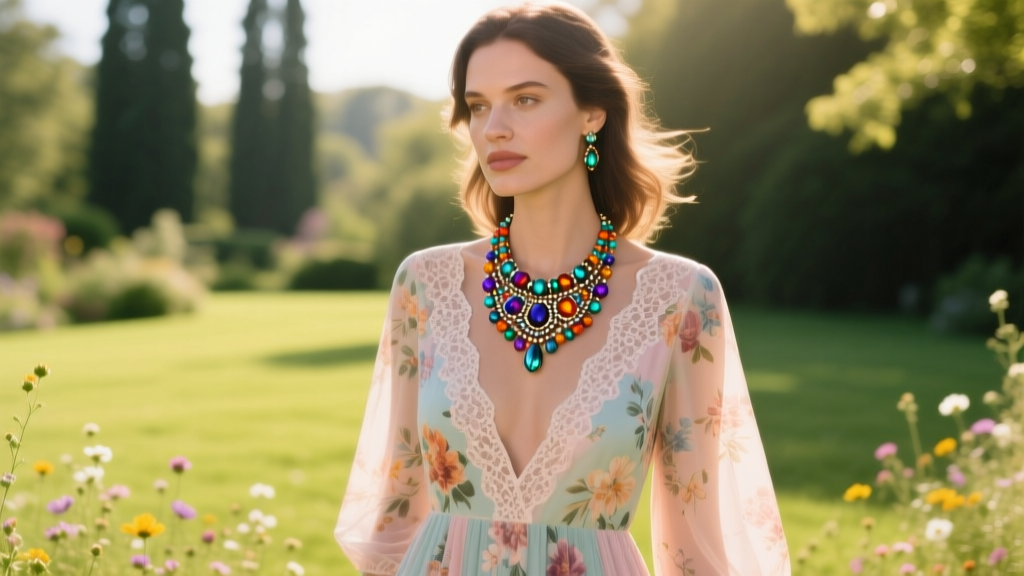Woman wearing a colorful beaded statement necklace with a deep V-neck floral dress, captured in bright natural outdoor sunlight.