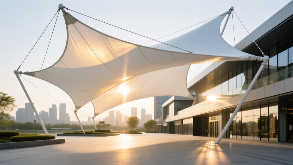 Architectural tensile membrane canopy made of white PVC-coated polyester fabric stretched over steel cables at a modern commercial plaza