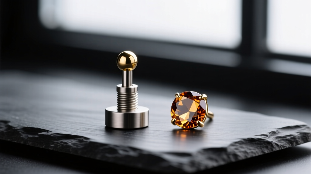 Macro shot of a 14-gauge threadless titanium dermal anchor base and 14k gold gemstone top resting on dark slate with sharp focus.
