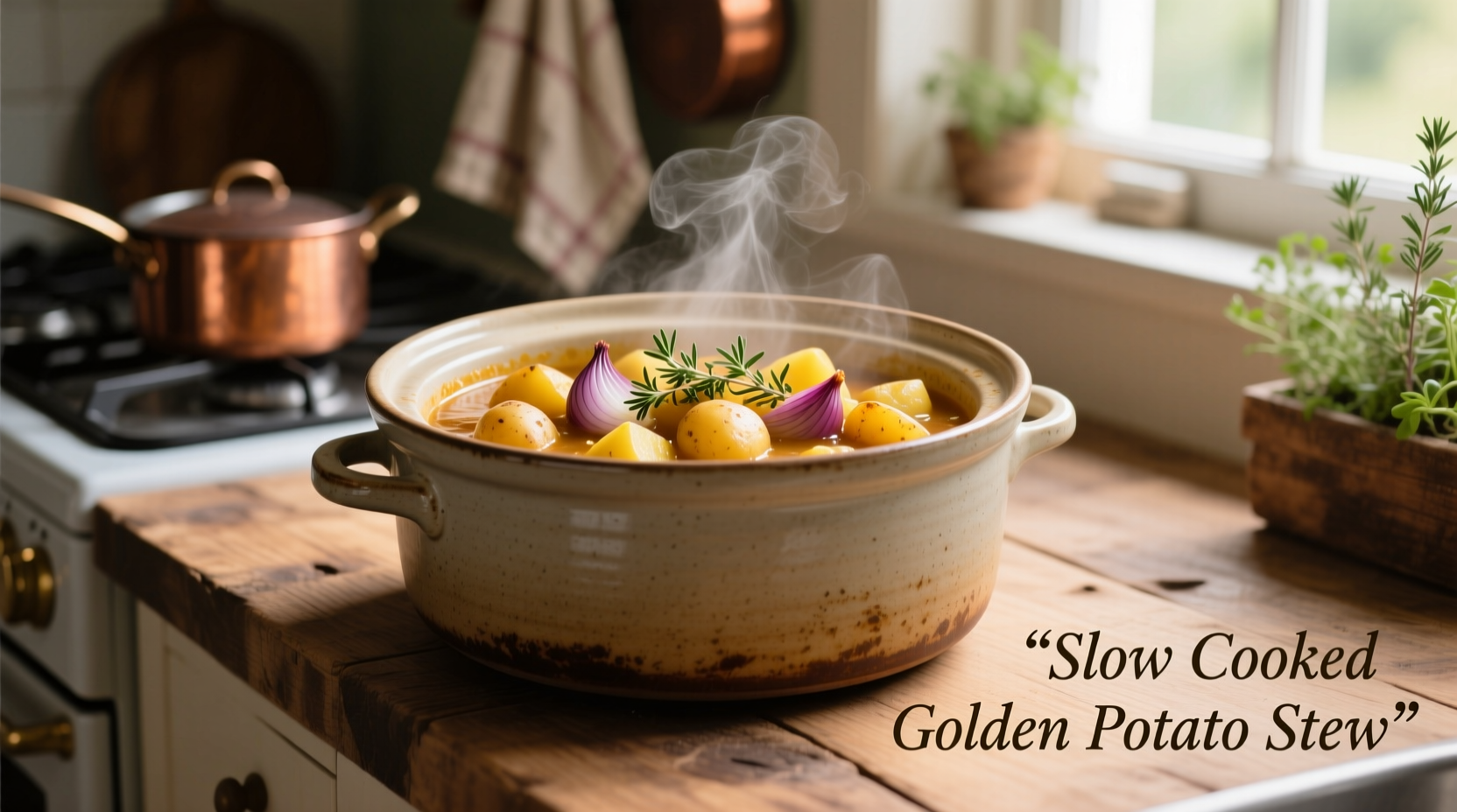 Slow cooker filled with golden potato stew