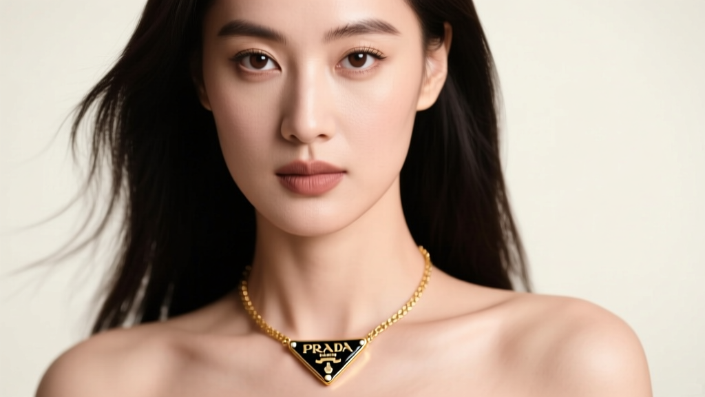 Elegant close-up portrait of a woman wearing a gold-tone Prada triangle logo necklace with black enamel resting on her collarbone