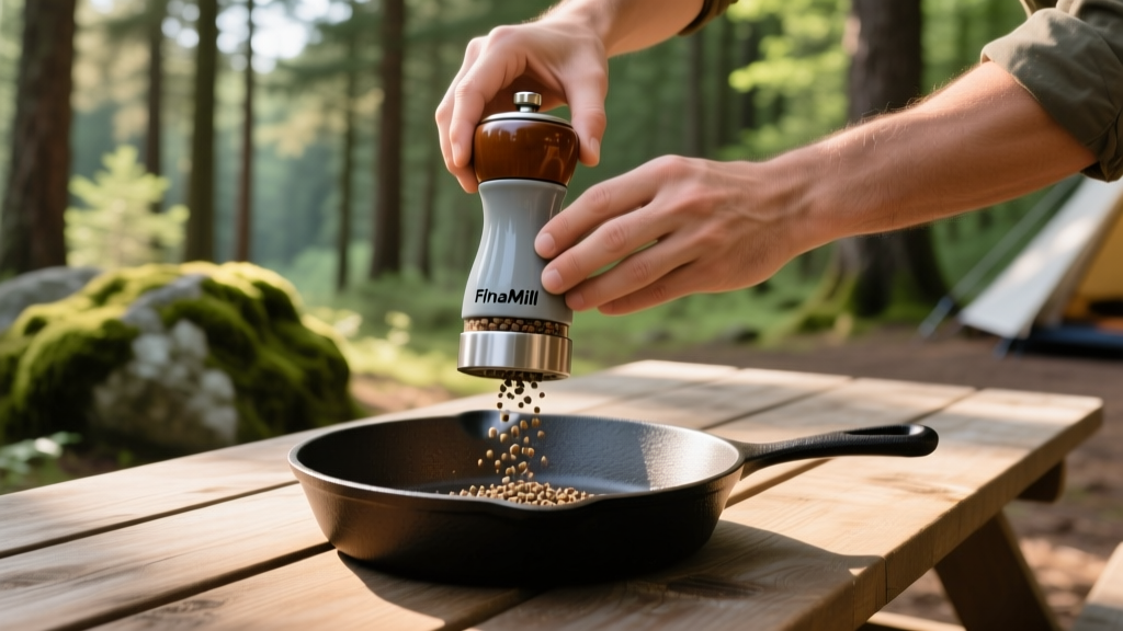 Hands operating a FinaMill Pro ceramic spice grinder over a cast iron skillet outdoors while camping in a wooded setting.