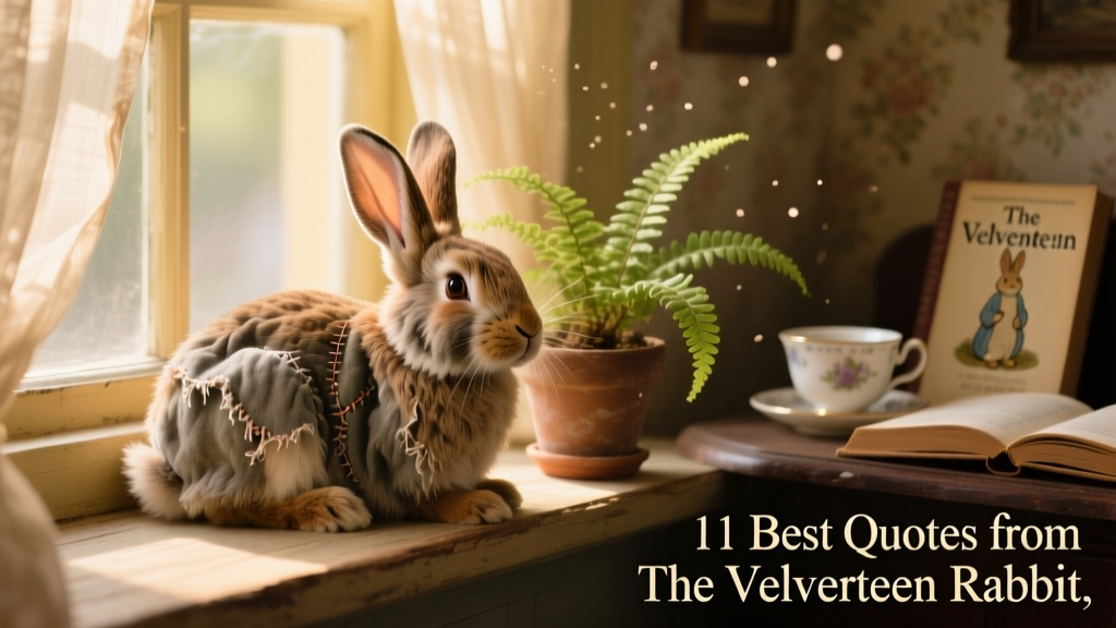 A weathered but gentle-looking velveteen rabbit resting on a windowsill beside a small potted fern, bathed in afternoon light