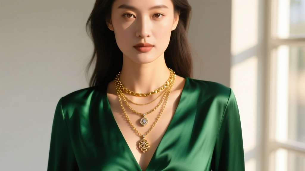 Portrait of a woman wearing a layered gold charm necklace over a deep V-neck emerald green silk blouse in warm natural sunlight