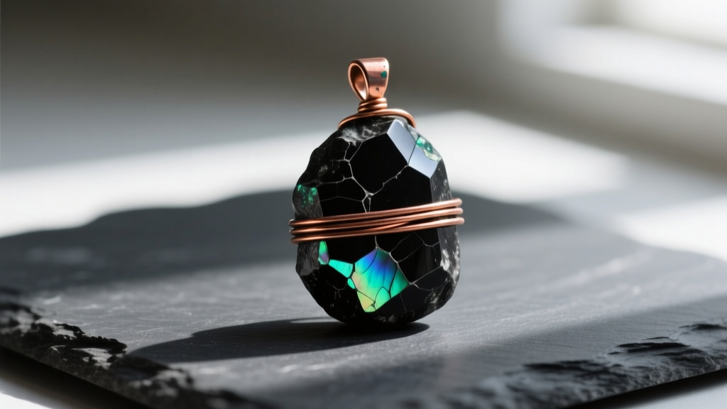 Close-up of a raw, unpolished Type I elite shungite pendant wrapped in 20-gauge tarnished copper wire, resting on dark slate