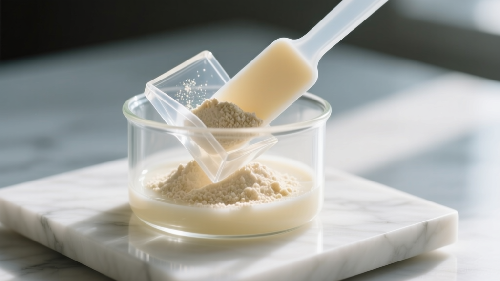 Close-up of preserved breastmilk powder being folded into clear casting resin with a silicone spatula inside a small glass beaker