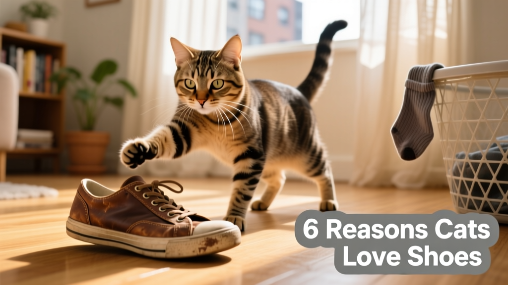 A playful cat batting a sneaker across the floor while looking directly at the camera, suggesting intentional interaction