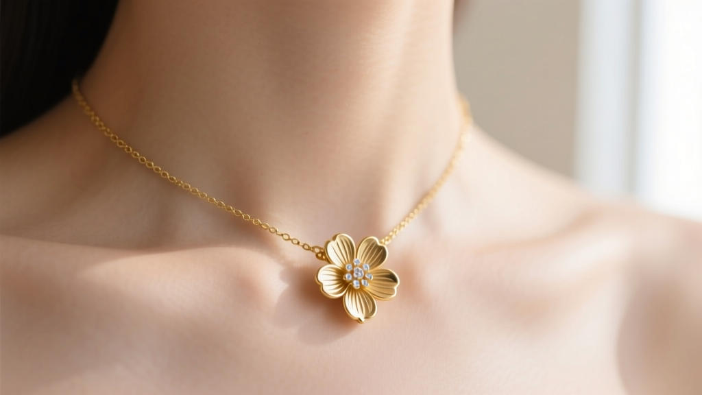 Close-up of a delicate 14k gold choker necklace with a flower pendant resting on a collarbone, soft natural lighting, macro photo