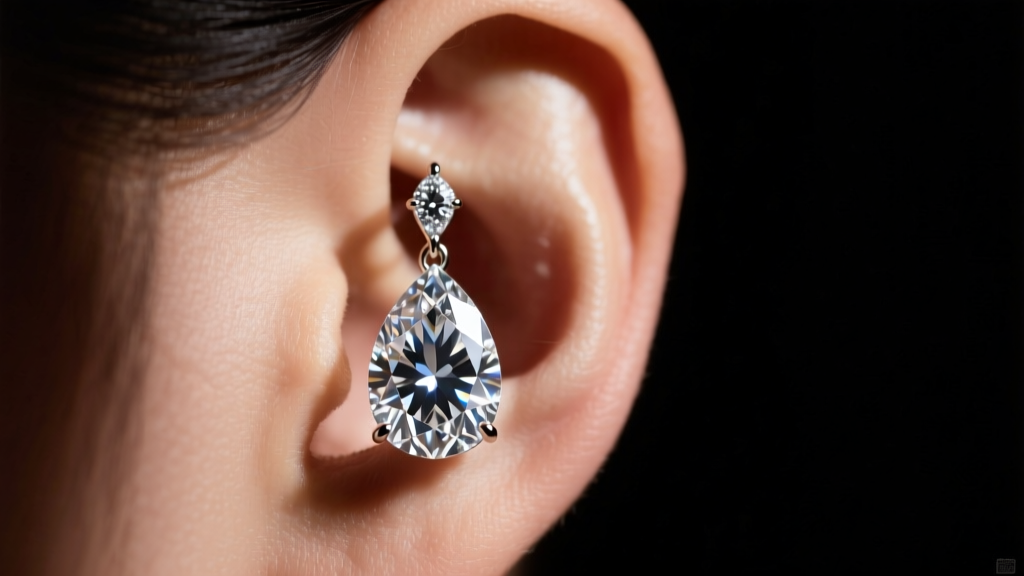 Close-up of an oversized diamond drop earring on a lobe, studio lighting highlighting facets against a dark velvet background