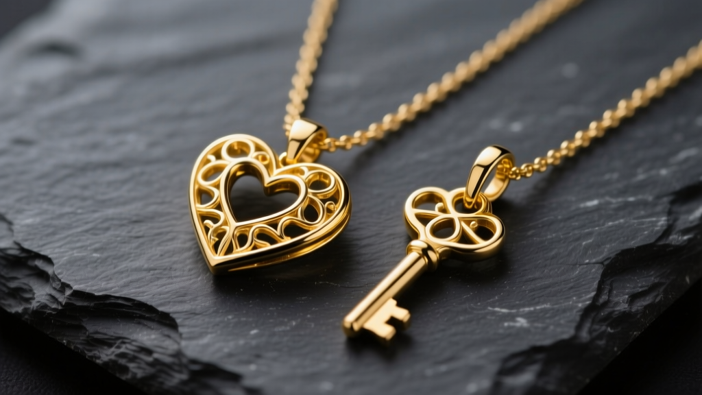 Macro shot of a 14k yellow gold heart necklace with matching key pendant resting on dark slate under soft studio lighting.
