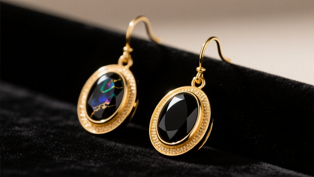 Macro shot of gold-plated brass drop earrings with black onyx inlays resting on dark velvet in soft, warm directional lighting