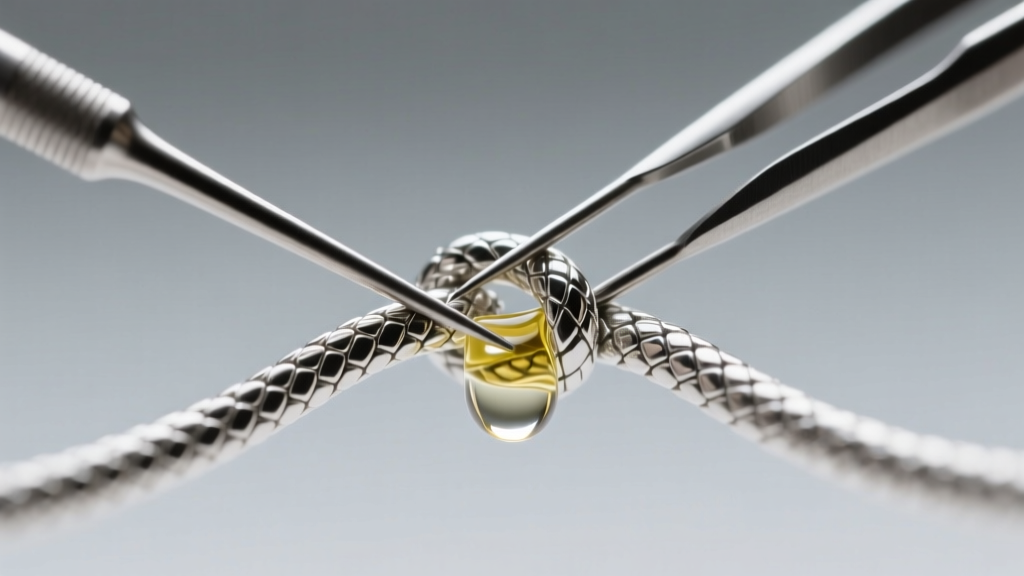 Macro shot of two steel beading needles separating a tight knot in a sterling silver snake chain with a drop of clear mineral oil