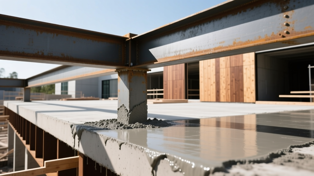 Close-up of high-strength concrete slab poured next to structural steel beams and cross-laminated timber panels on a modern commercial site