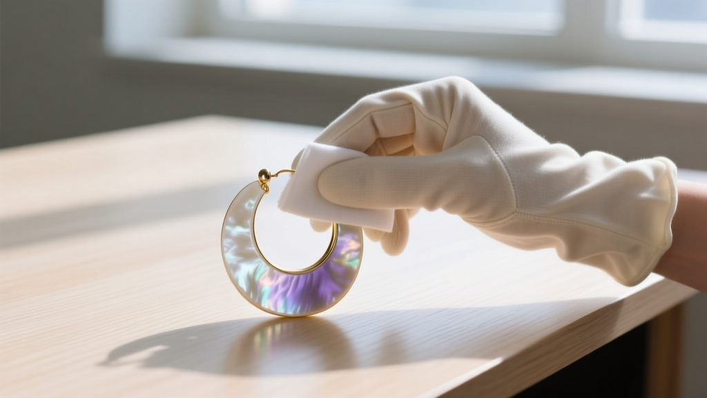 Hands in cotton gloves wiping a large mother of pearl hoop earring with a damp microfiber cloth on a clean wooden desk surface.