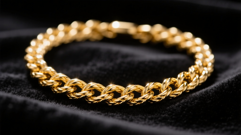 Close-up of a 14k gold braided rope chain on dark fabric, showing the twisted link pattern and studio lighting reflections