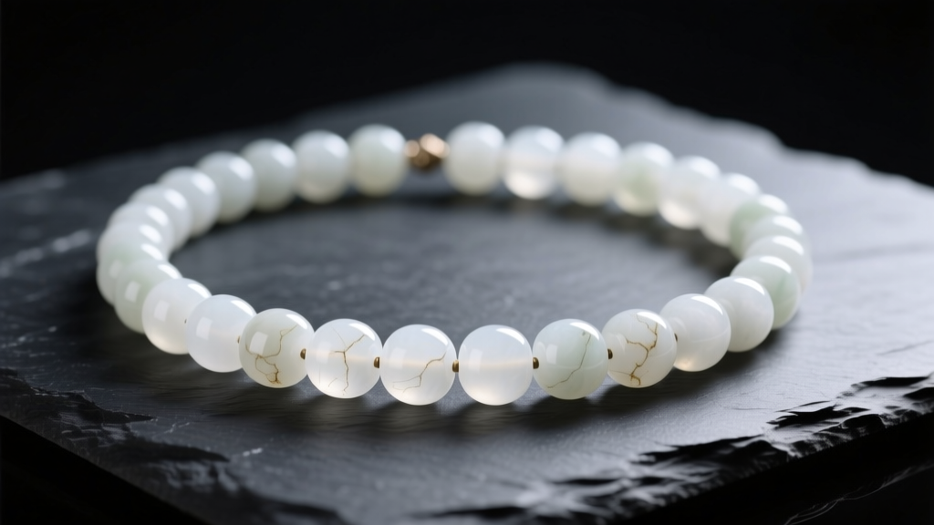 Vintage white jade bead necklace on dark slate, illuminated by soft directional light highlighting the translucent milky stones