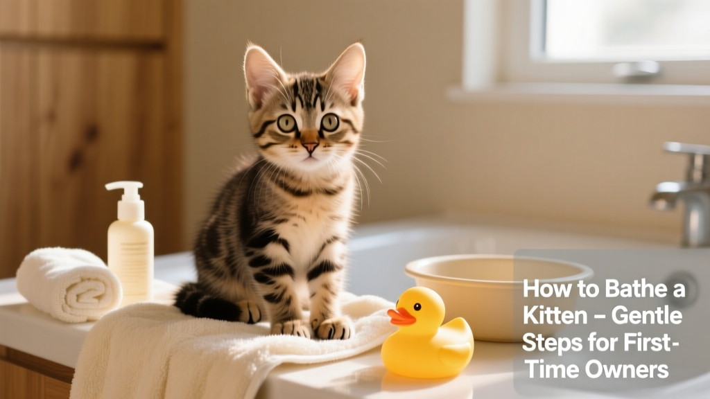Close-up of a young kitten sitting calmly on a towel beside bathing supplies