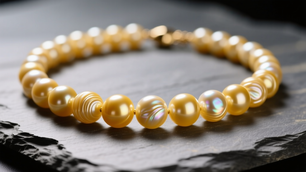 Macro shot of a golden South Sea yellow pearl necklace on slate, showing deep luster and natural banding under soft warm light.
