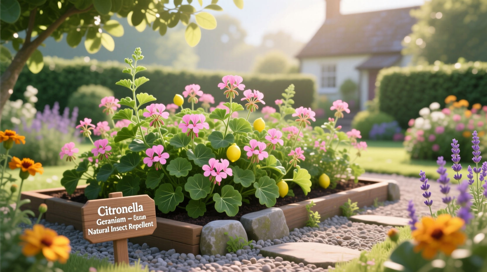 Citronella geranium plants in garden for natural bug control