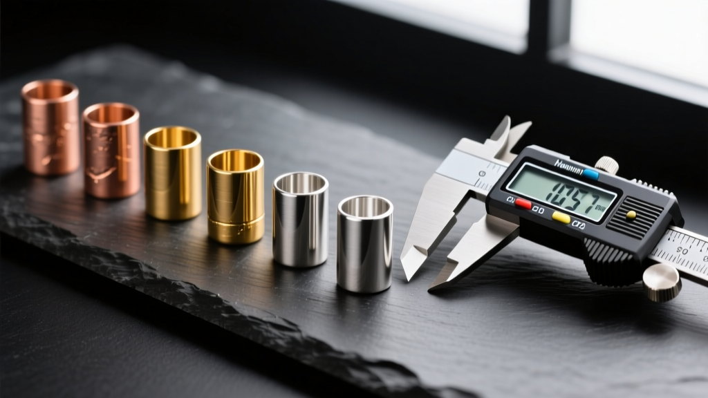 Close-up of copper, gold-filled, and sterling silver crimp tubes lined up on dark slate next to digital calipers for measurement.