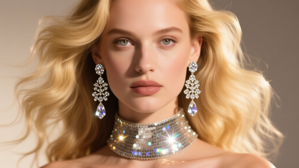 Cascading rhinestone chandelier earrings catching bright studio light, styled with a sequined collar and voluminous blonde hair.
