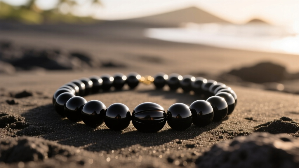 Close-up of a polished black kukui nut necklace resting on dark volcanic sand, illuminated by soft warm tropical sunlight.