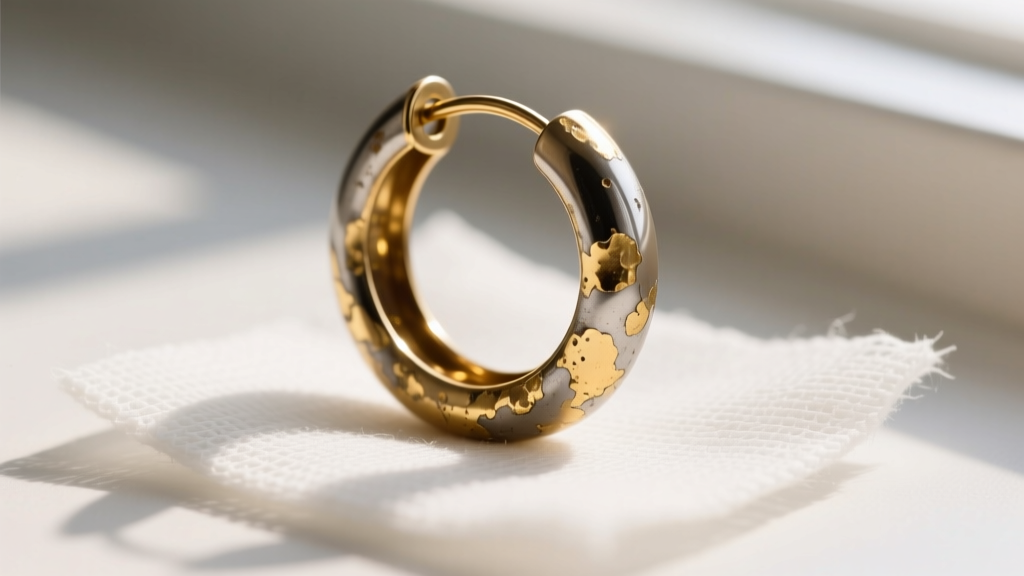 Tarnished base-metal hoop earring on sterile gauze, highlighting flaking gold plating and a slightly bent wire clasp.