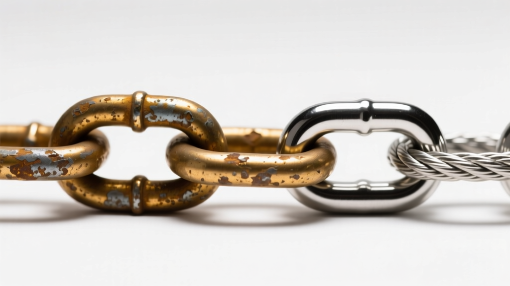 Macro shot of a tarnished zinc chain link next to a polished 16-gauge stainless steel rope chain under bright studio lighting.