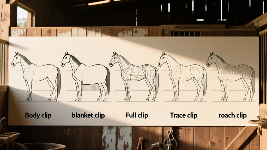 Side-by-side comparison of five common horse clipping patterns labeled clearly on schematic horse silhouettes